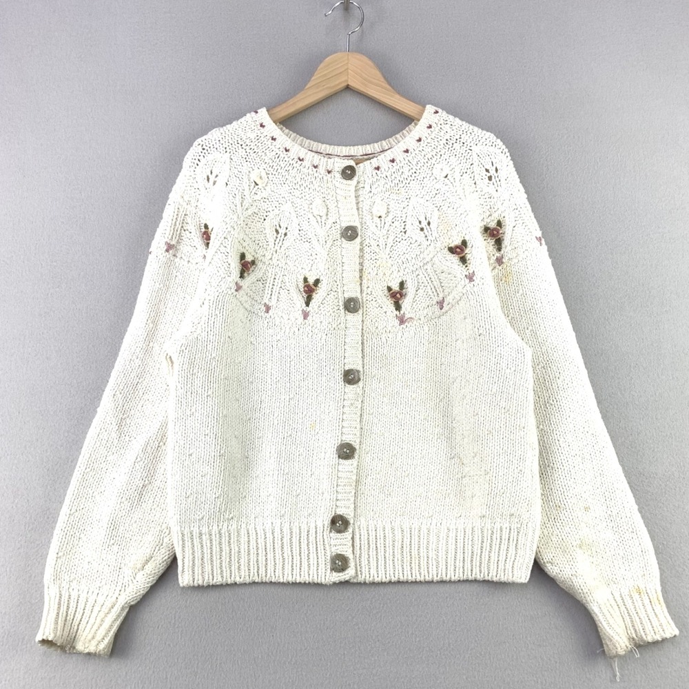 Vintage Lizsport Knitted Cardigan Sweater Women M Floral Embroidery Cottagecore
